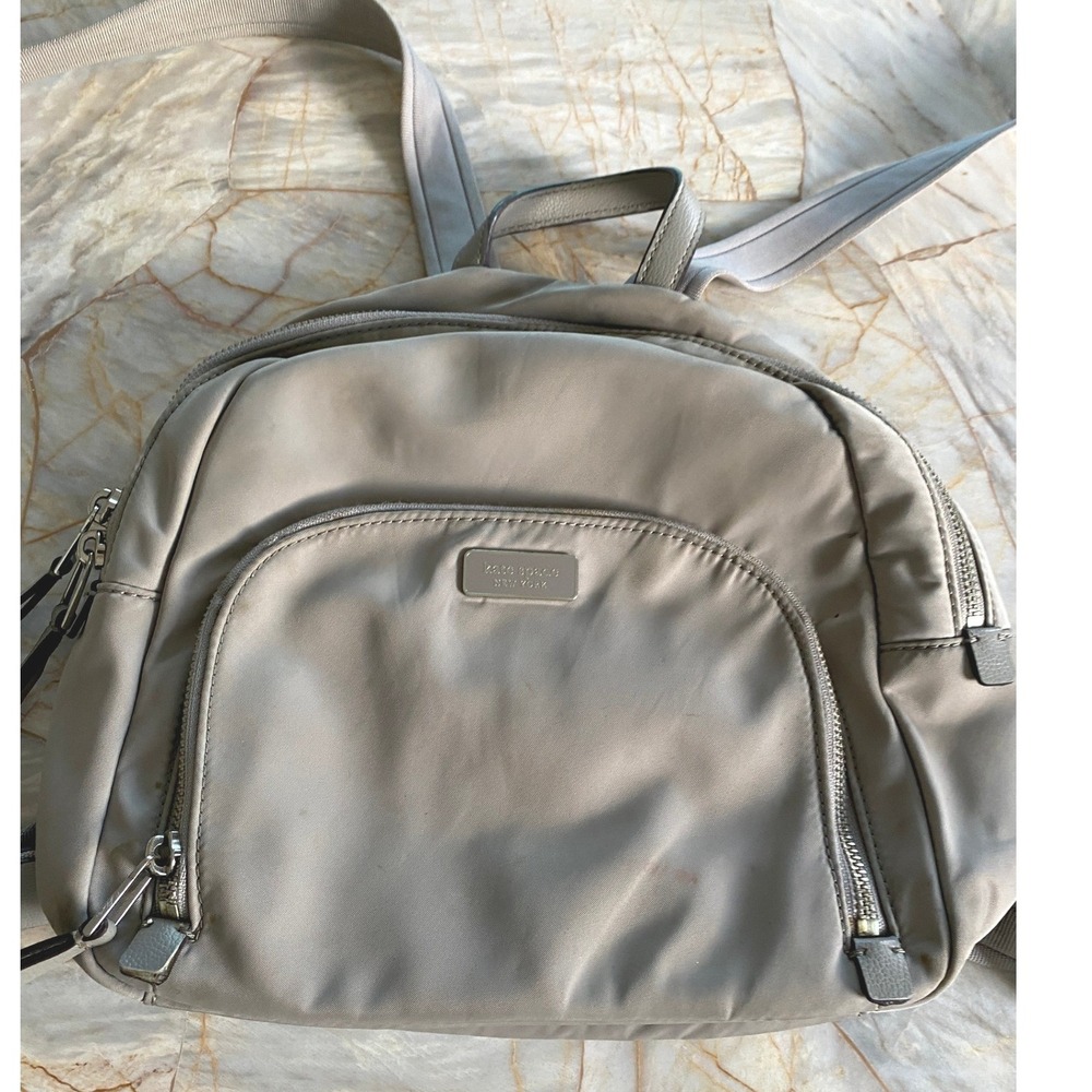 Kate Spade New York Nylon Backpack Taupe Gray Silver Hardware Zip Pocket
